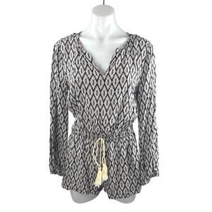 Kori Black Argyle Diamond Long Sleeve Tassel Tie V Neck Boho Romper Shorts Sz S